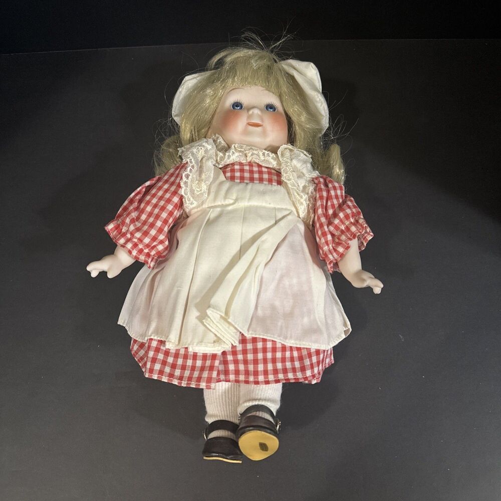 Vintage Doll With Blonde Doll With Red & White Checkered Dress
